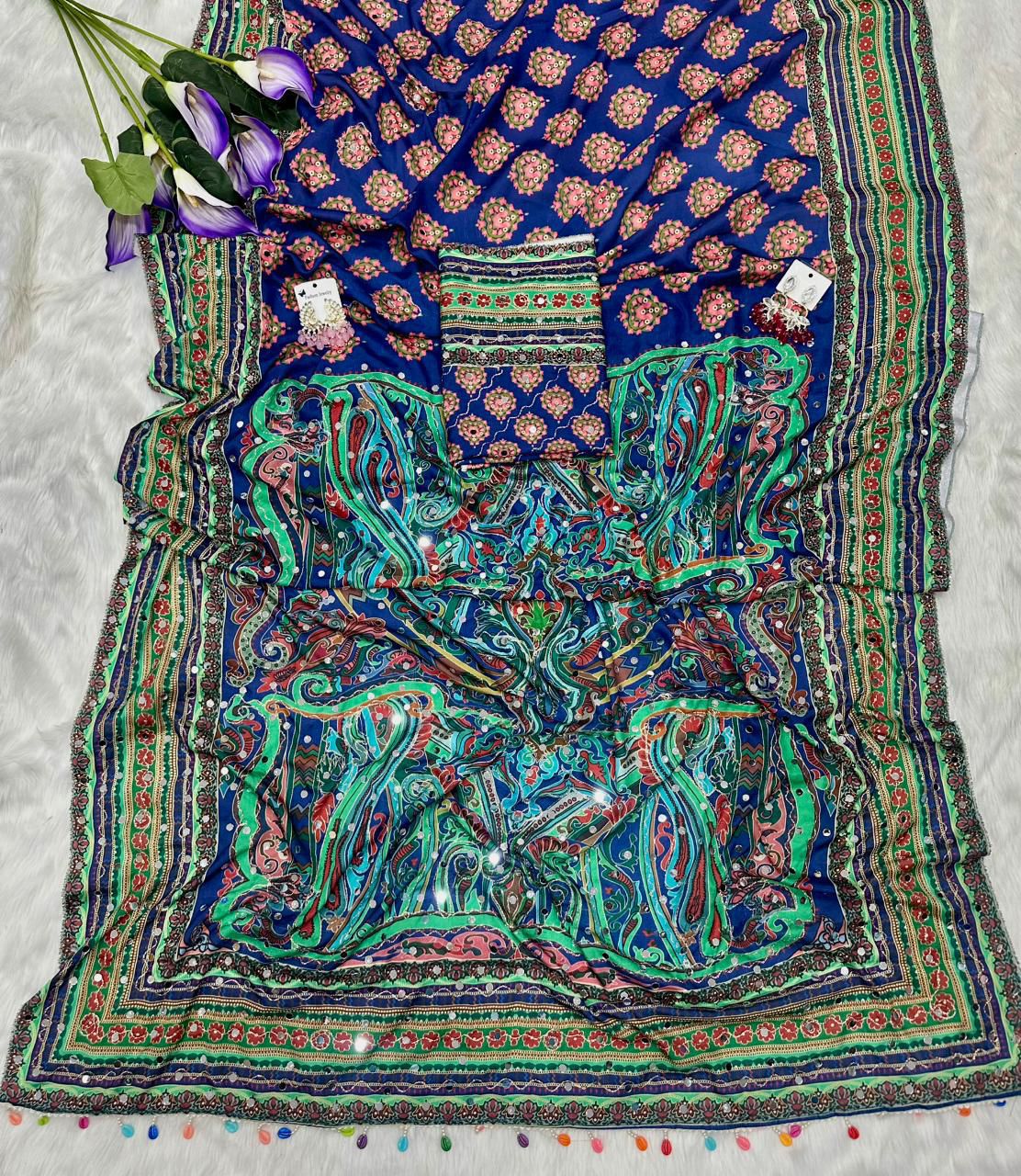 Royal Blue Soft Crepe Silk Digital Bandhani-Kalamkari Print Saree